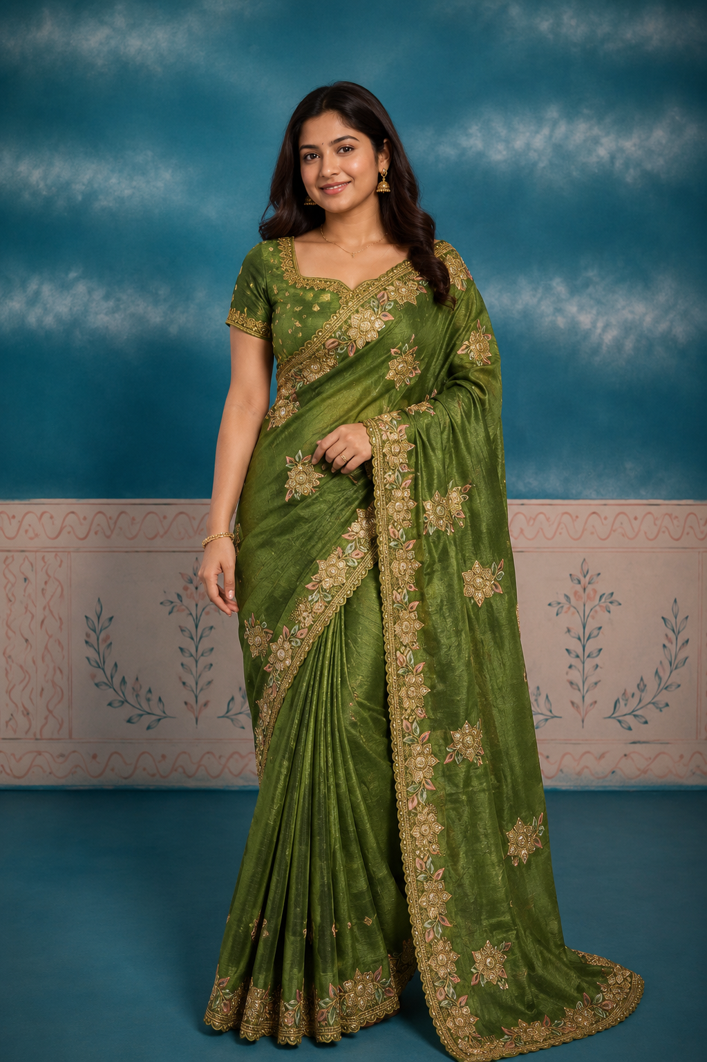 Elegant Olive Green Embroidered Saree with Rich Zari Floral Work