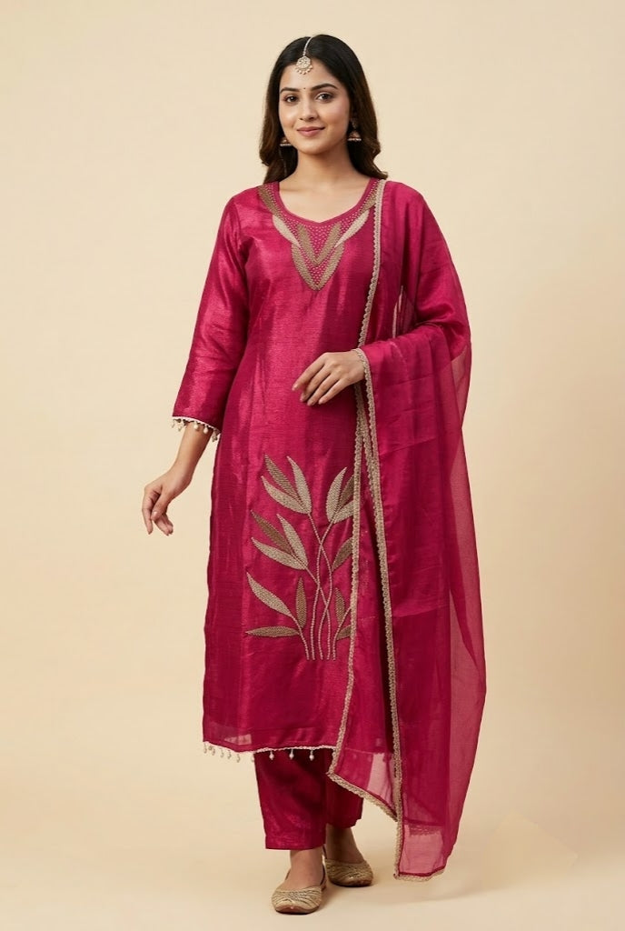 Rani Pink Embroidered Kurta Pant Dupatta Set