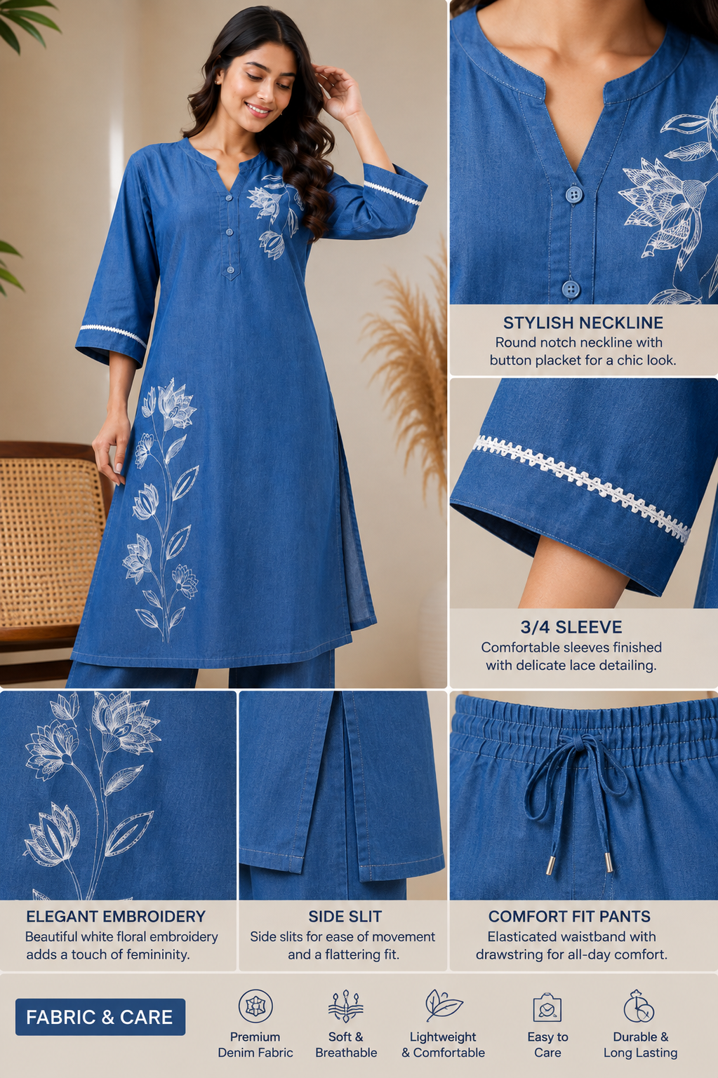 Women's Blue Embroidered Denim Co-Ord Set