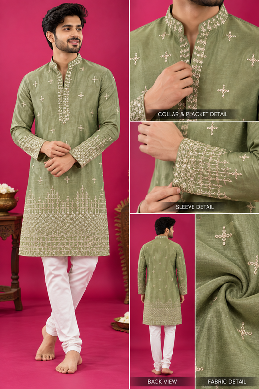 Olive Green Embroidered Festive Kurta Set