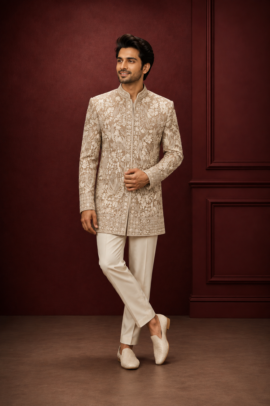 Beige Floral Embroidered Indo-Western Sherwani