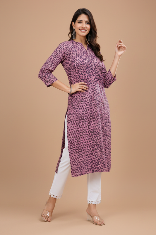 Women’s Pink Geometric Printed Straight Kurta with White Pants