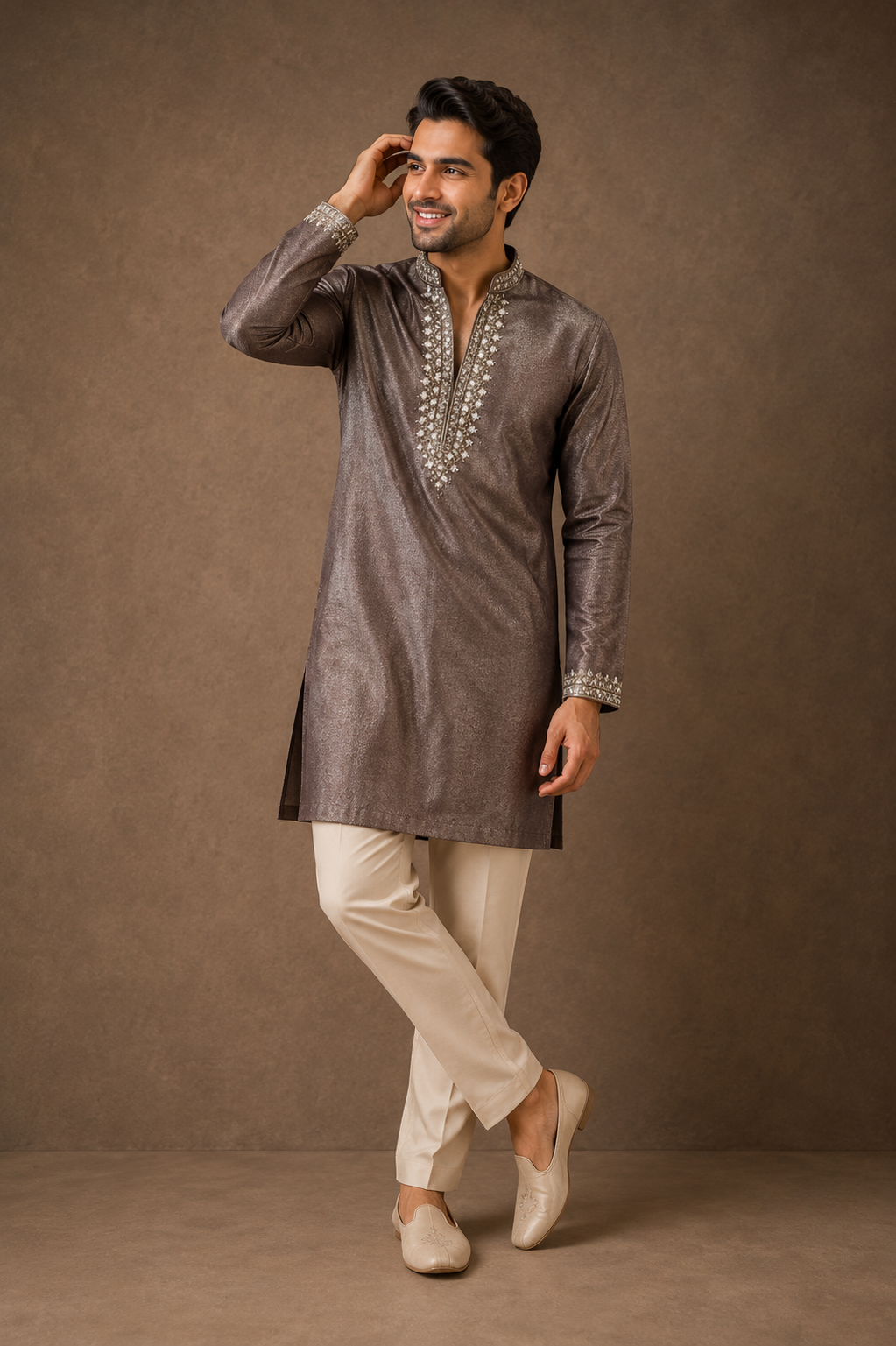 Mocha Brown Shimmer Embroidered Festive Kurta Set