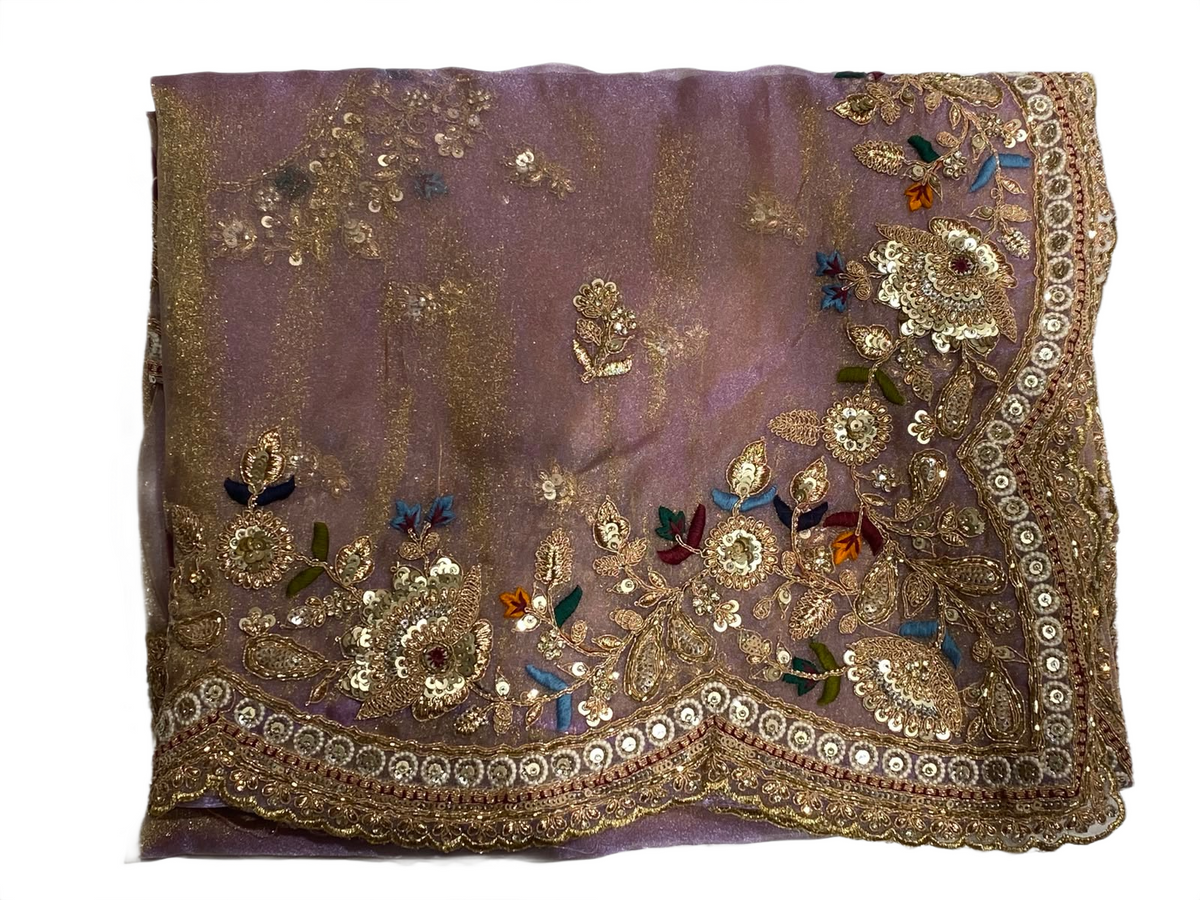 Lavender Organza Saree with Intricate Hand Embroidery & Sequins Border