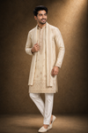Beige Embroidered Kurta Set with Stole for Men