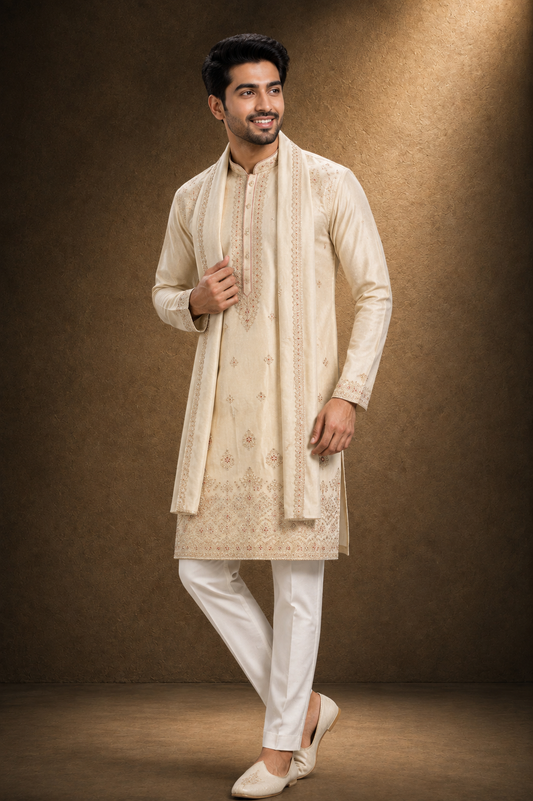 Beige Embroidered Kurta Set with Stole for Men