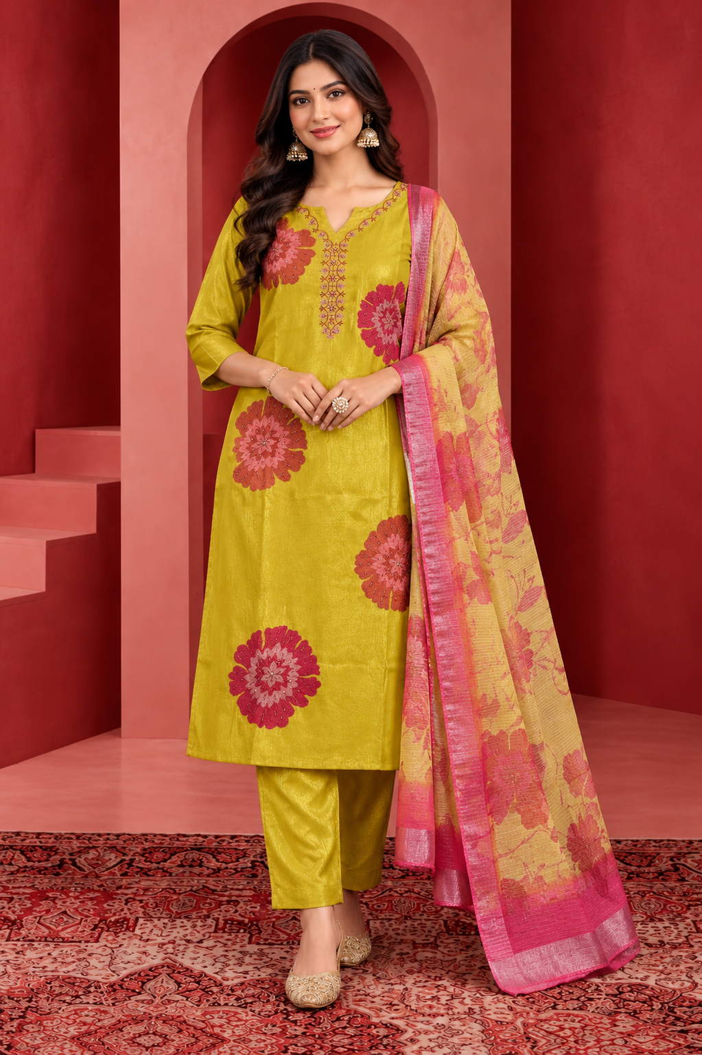 Elegant Mustard Yellow Floral Kurta Pant Set with Dupatta