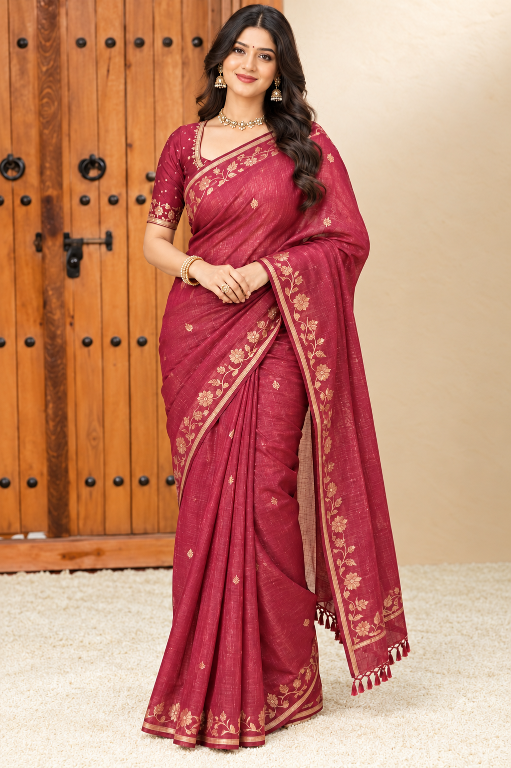 Ruby Red Floral Border Saree