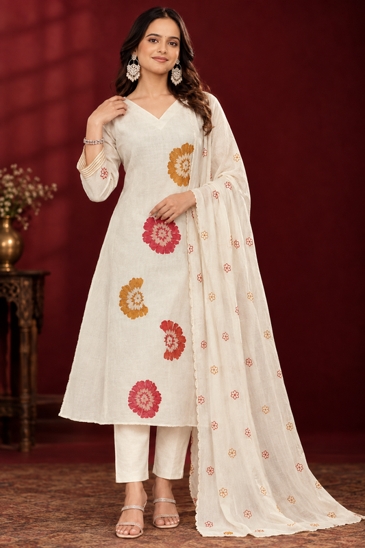 Ivory Floral Print Kurta Set with Dupatta