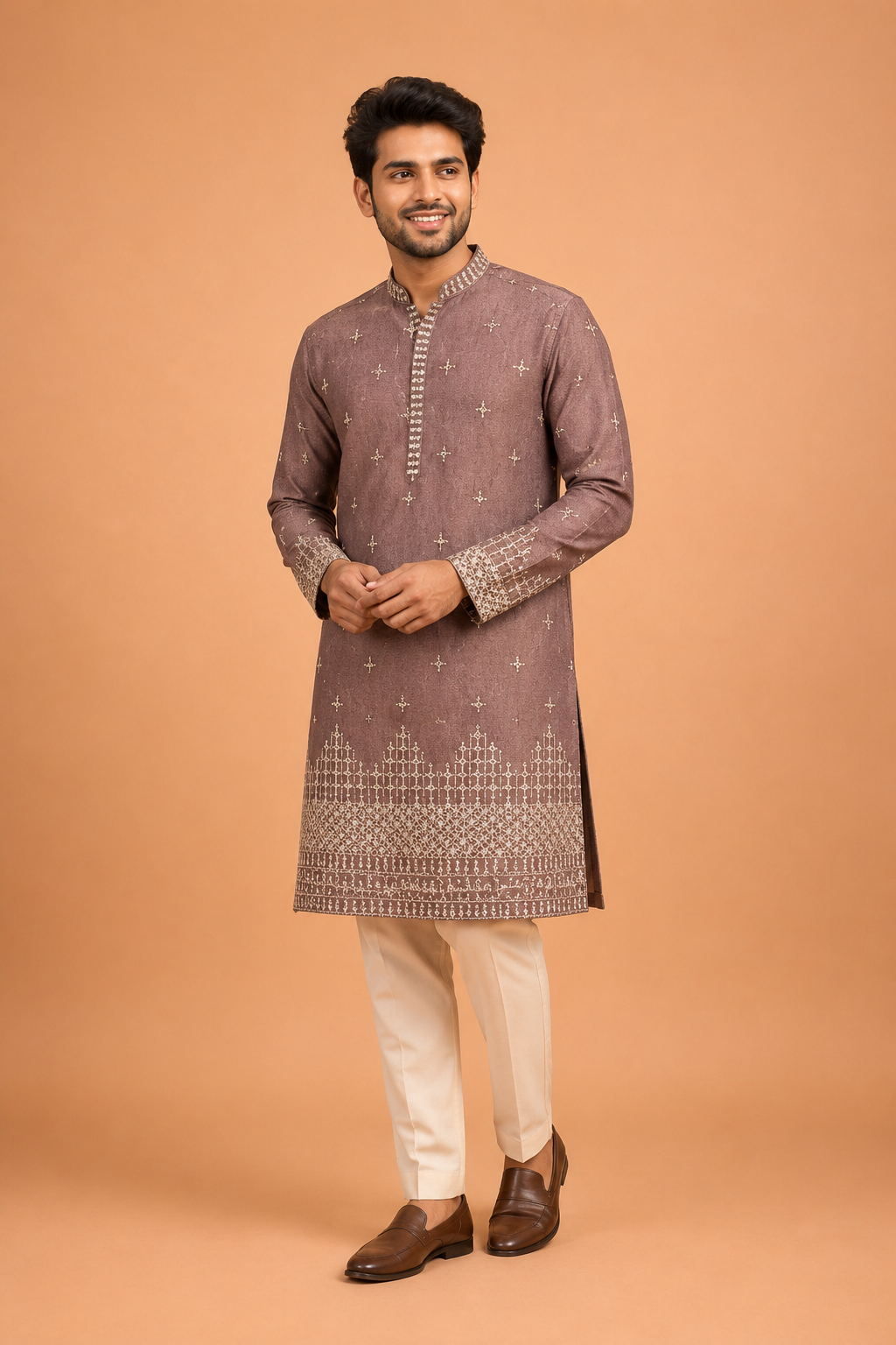 Mauve-Taupe Embroidered Kurta for Men