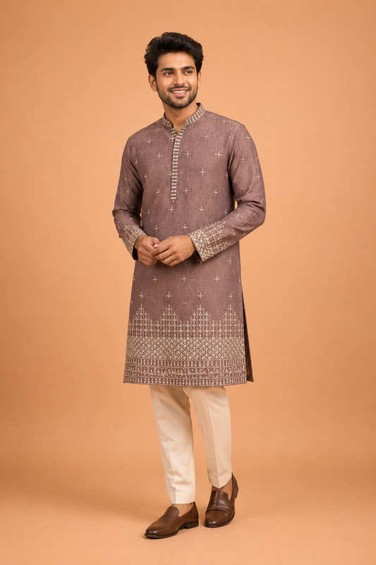 Mauve-Taupe Embroidered Kurta for Men