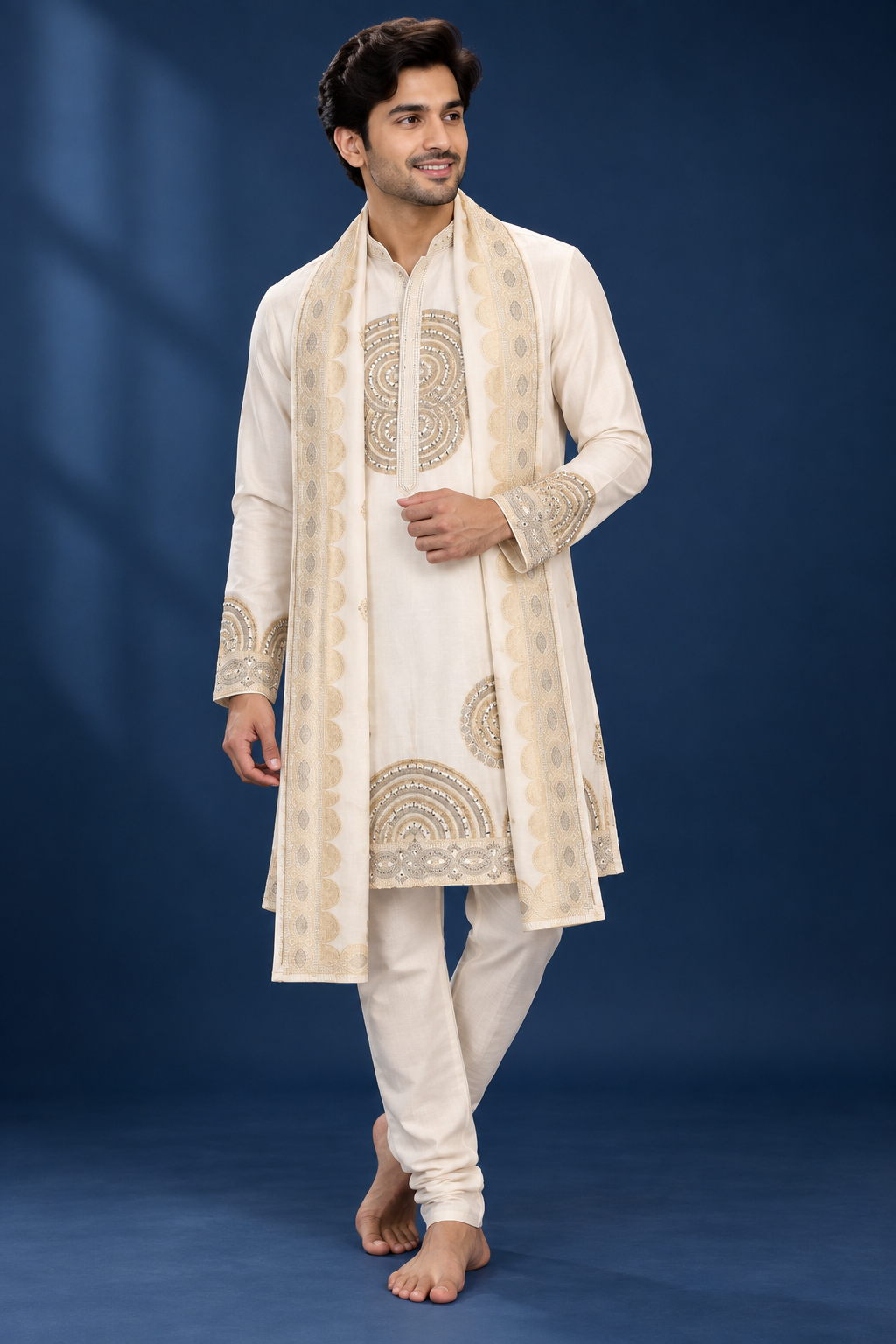 Ivory Embroidered Kurta with Stole Set