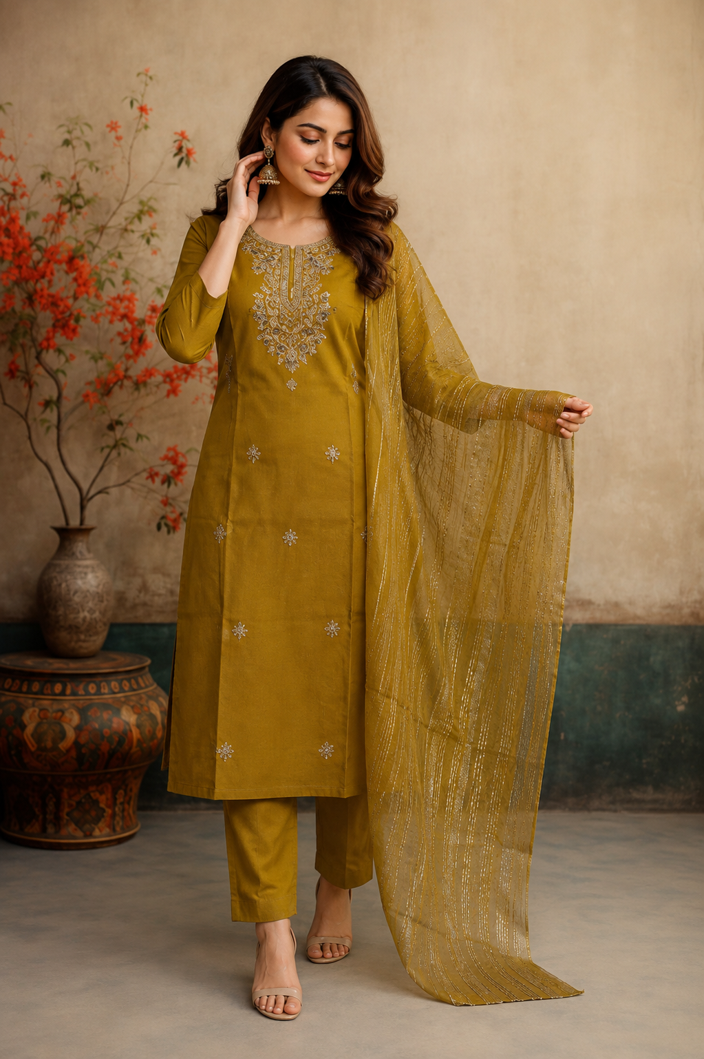 Mustard yellow Embroidered Kurti Pant & Dupatta Se