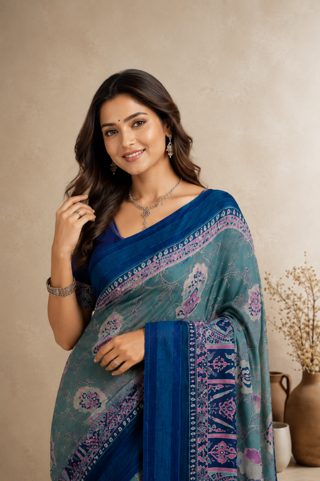 Elegant Teal Blue Printed Saree with Designer Border