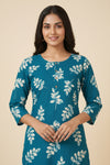 Women's Teal Blue Leaf Printed Straight Cotton Kurti