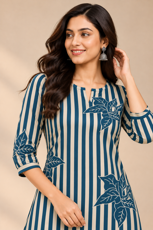 Elegant Teal Blue Striped Floral Print Kurta Palazzo Set