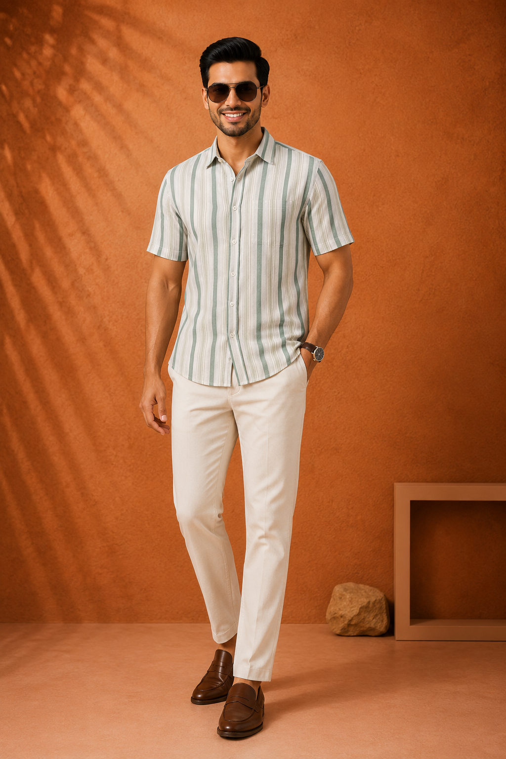 SUGAA Men's Beige & Olive Green Striped Half Sleeve Casual Shirt