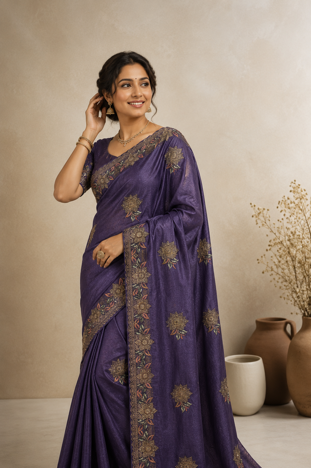 Embroidered Silk Blend Saree with Elegant Floral Zari Border