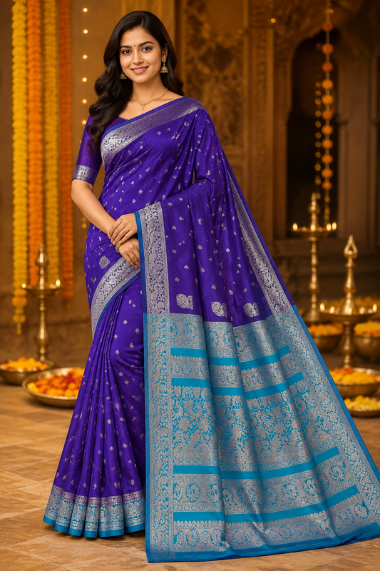 Royal Purple & Turquoise Zari Silk Saree