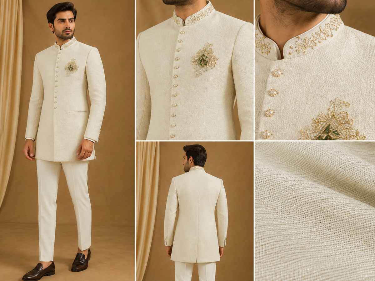 Ivory Textured Embroidered Indo-Western Set