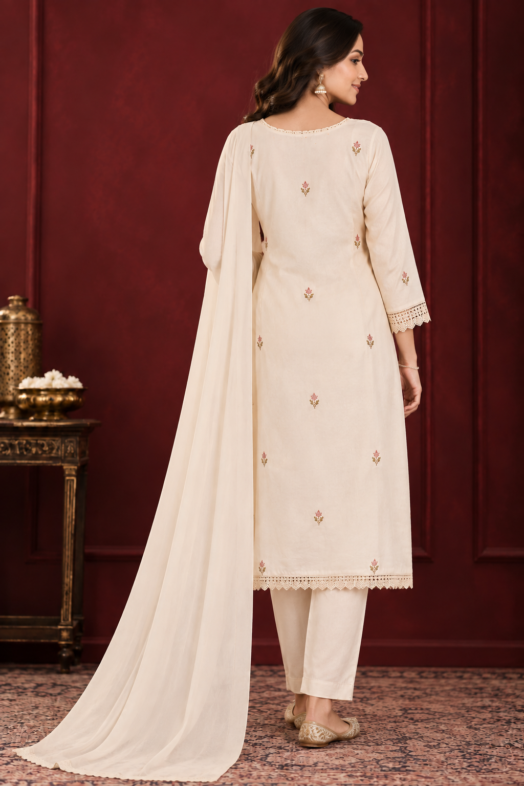 Ivory Elegance Floral Embroidered Suit Set