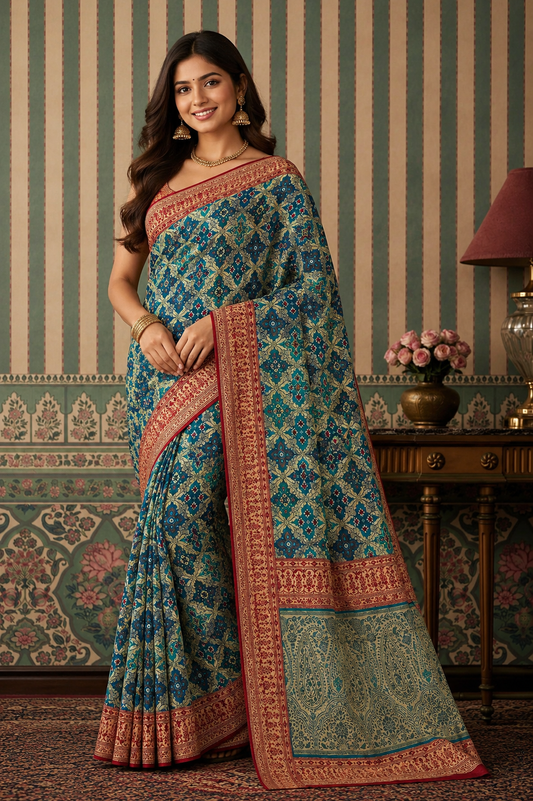 Royal Heritage Blue Printed Saree with Traditional Zari Border