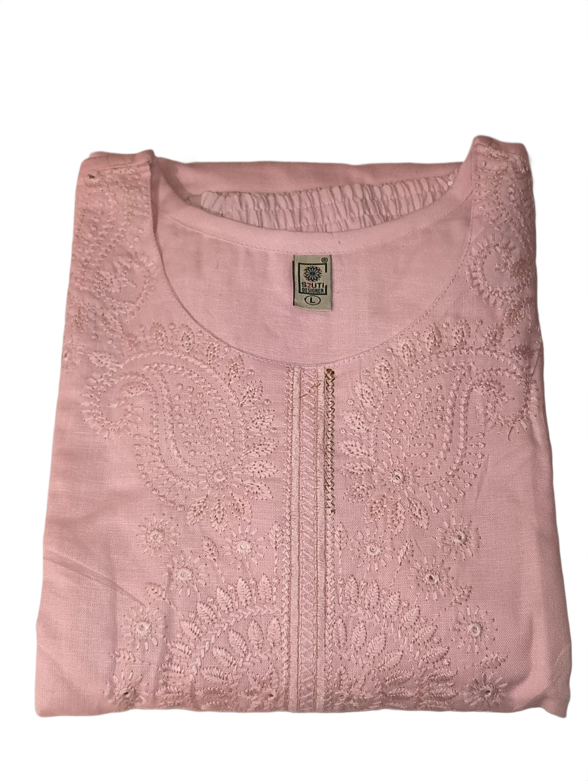Women's Blush Pink Embroidered Cotton Blend Co-Ord Set | 3/4 Sleeve Kurta & Straight Pant