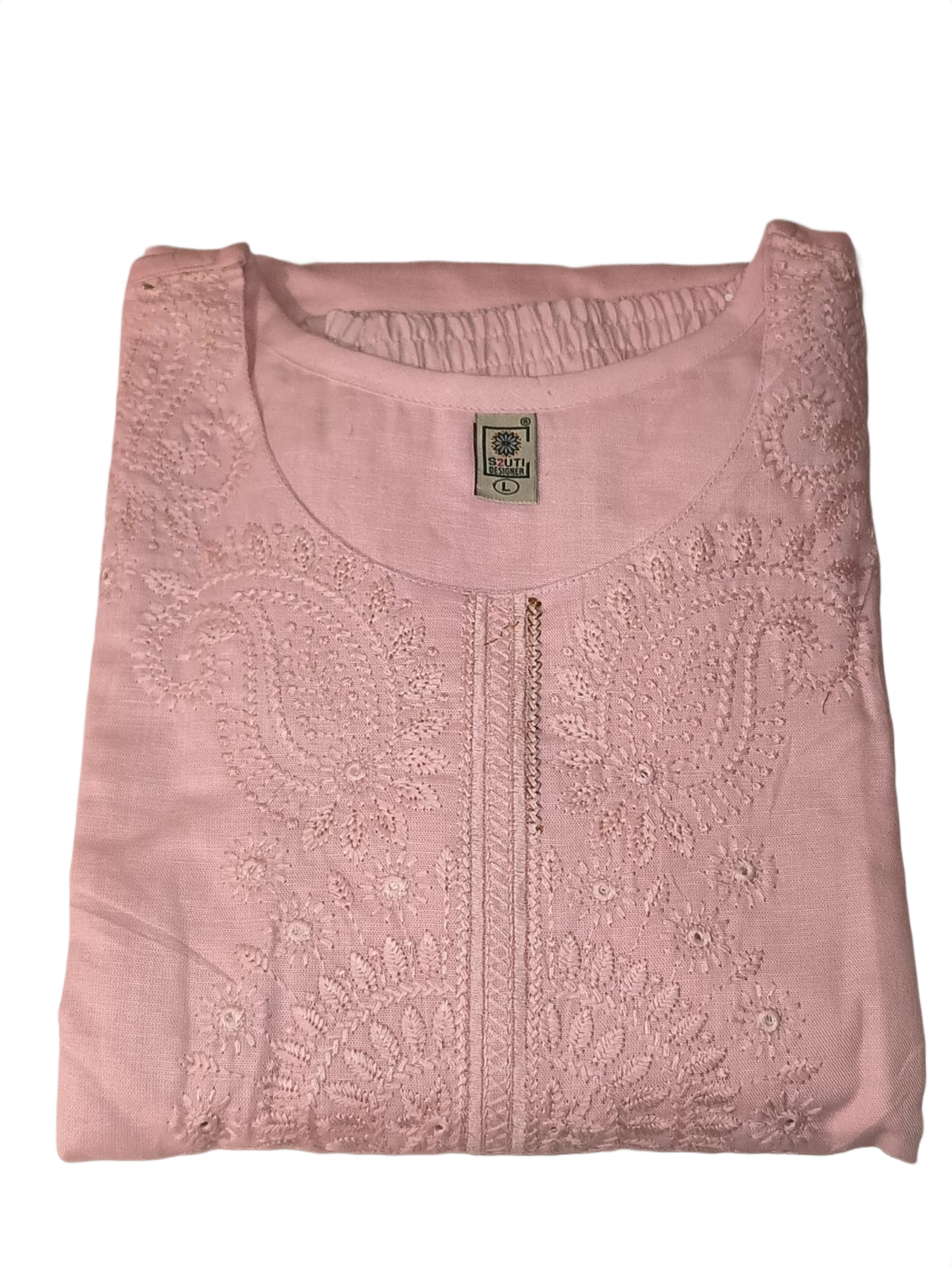 Women's Blush Pink Embroidered Cotton Blend Co-Ord Set | 3/4 Sleeve Kurta & Straight Pant
