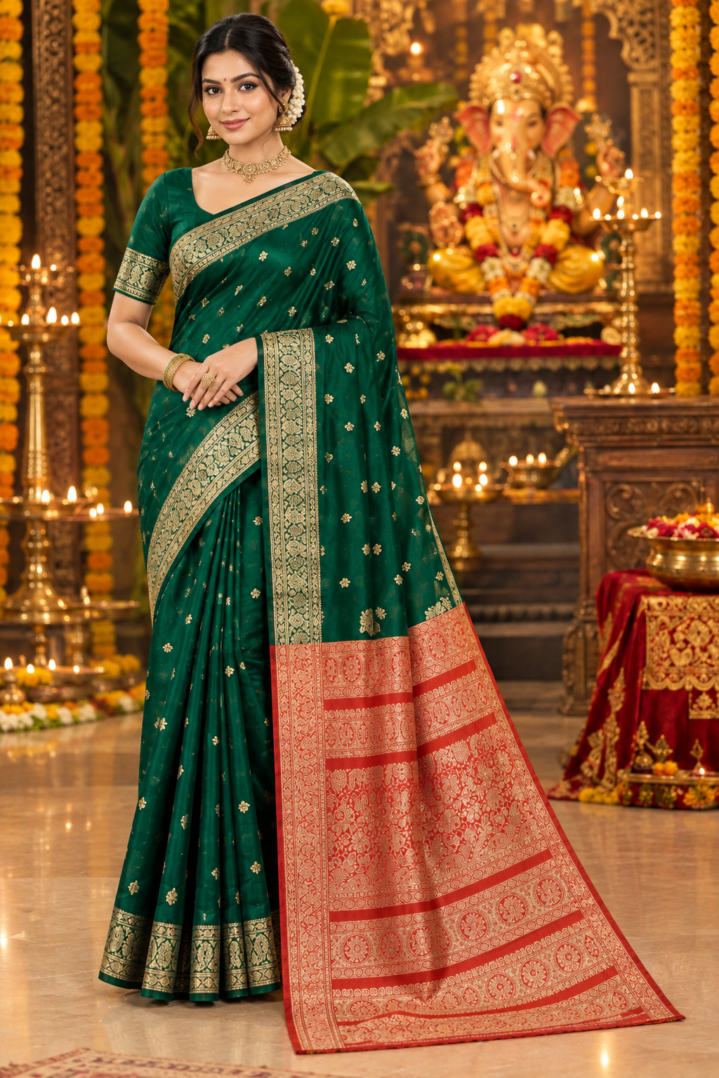 Elegant Emerald Green Silk Saree | Festive Ganpati Collection