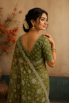 Olive Green Organza Saree with Delicate Floral Embroidery