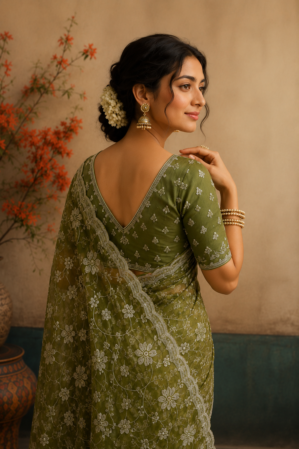 Olive Green Organza Saree with Delicate Floral Embroidery