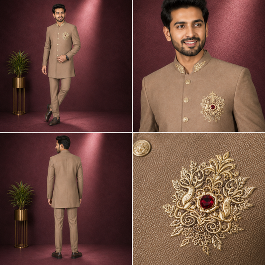 Beige Embroidered Indo-Western Jodhpuri Suit