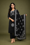 Women’s Black & White Bandhani Print Kurti Pant Dupatta Set