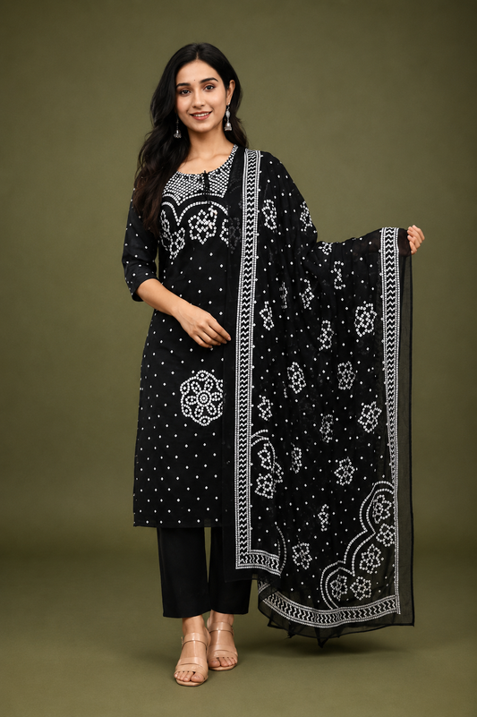 Women’s Black & White Bandhani Print Kurti Pant Dupatta Set
