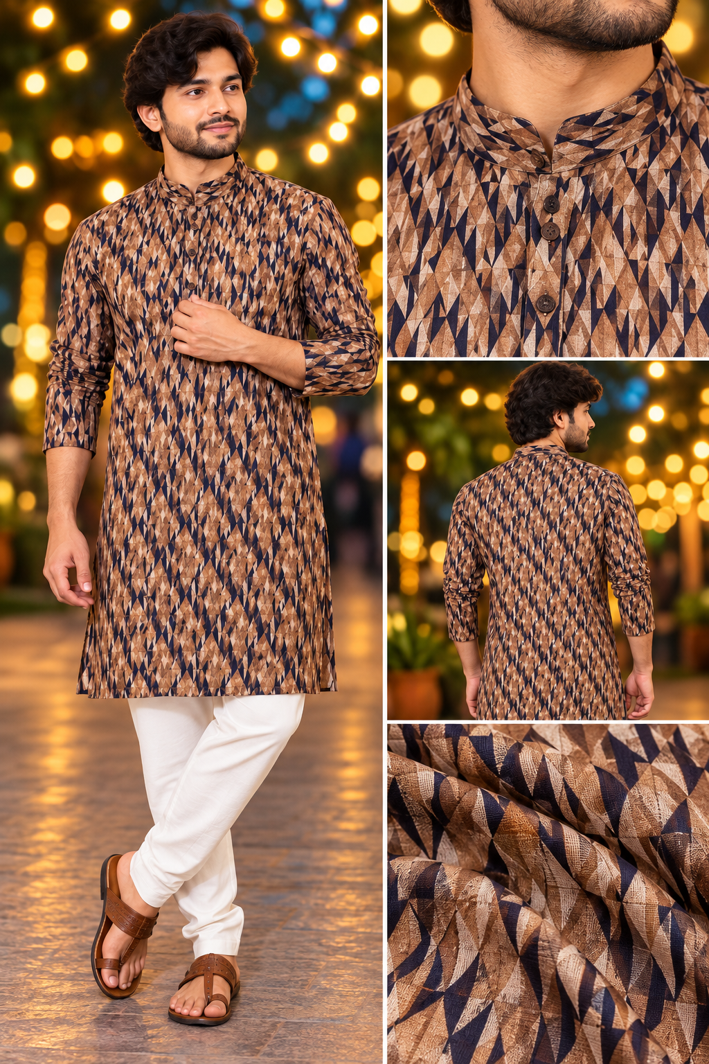 Men’s Brown Geometric Print Only Kurta