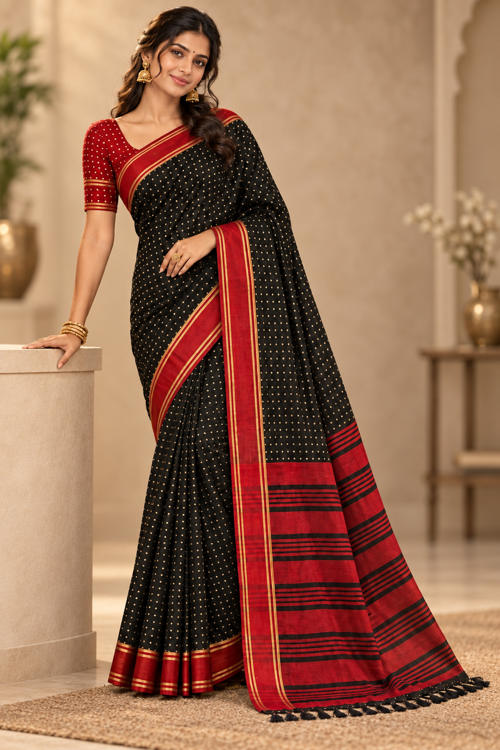 Black & Red Polka  Saree with Traditional Border