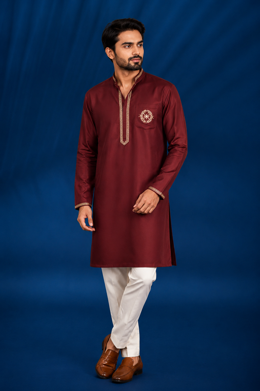 Maroon Red Kurta with Pocket Embroidery for Men