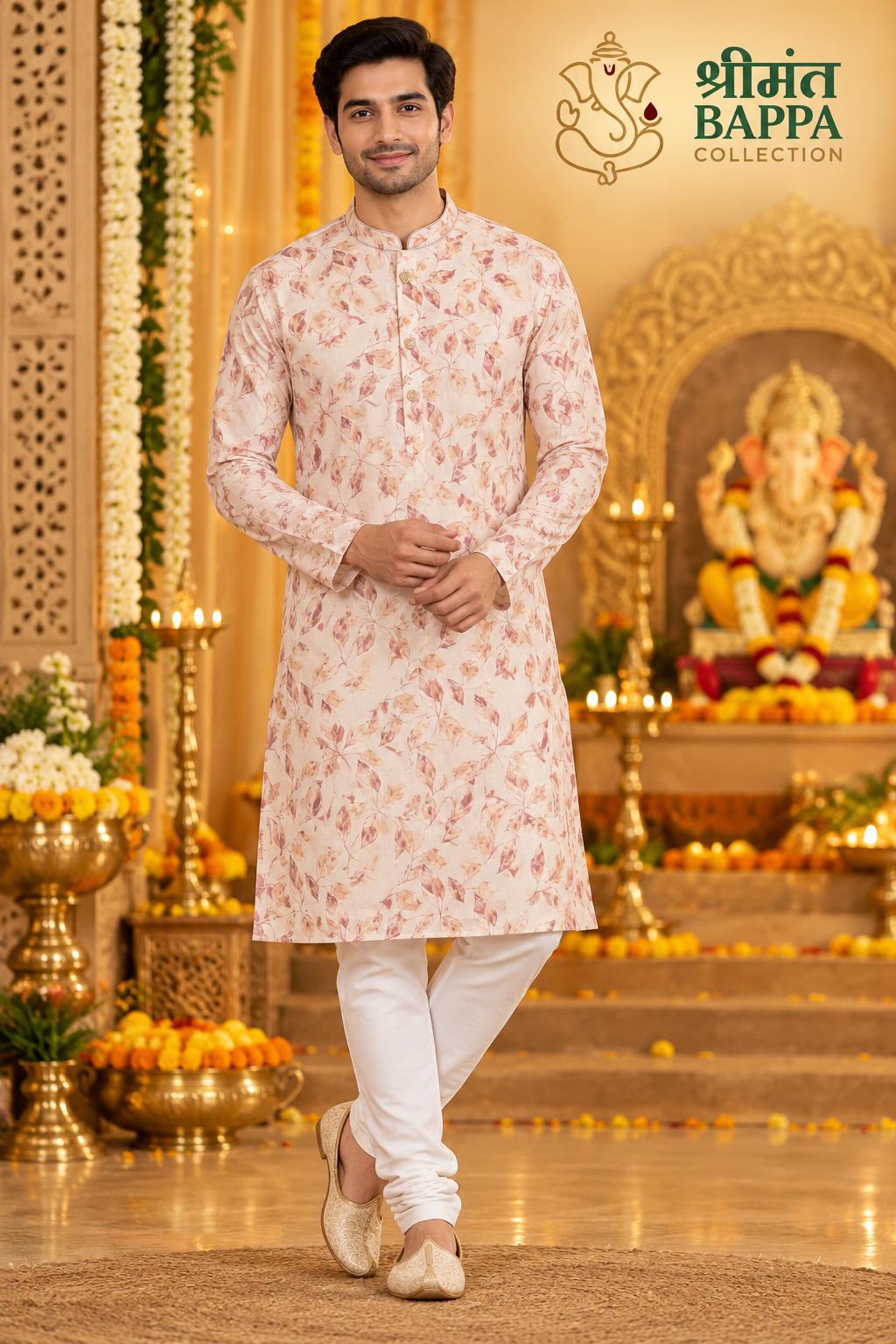 Men's Peach and Cream Leaf Printed Long Sleeve Kurta