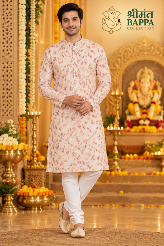 Men's Peach and Cream Leaf Printed Long Sleeve Kurta