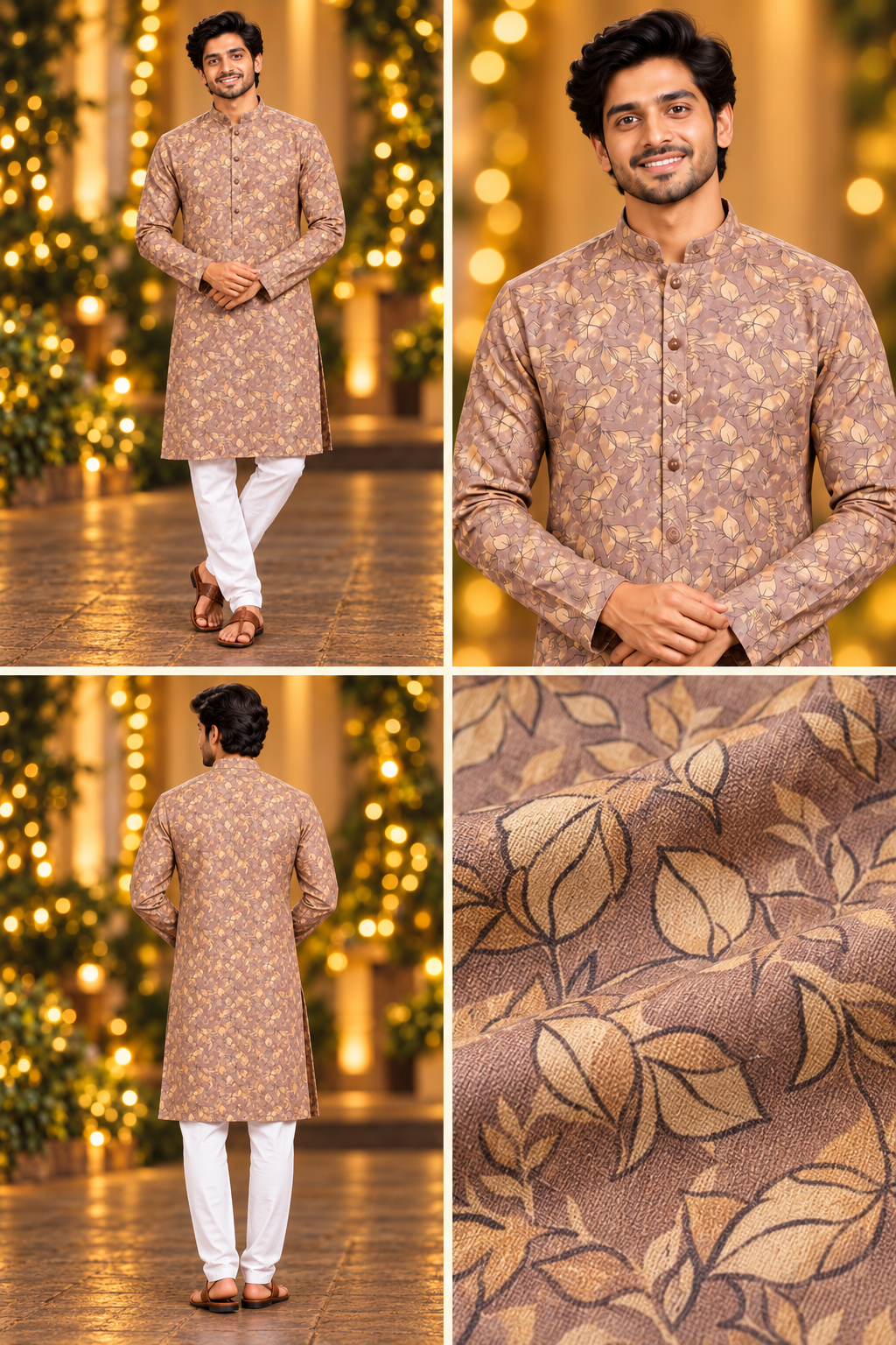 Men's Brown Leaf Printed Long Sleeve Kurta