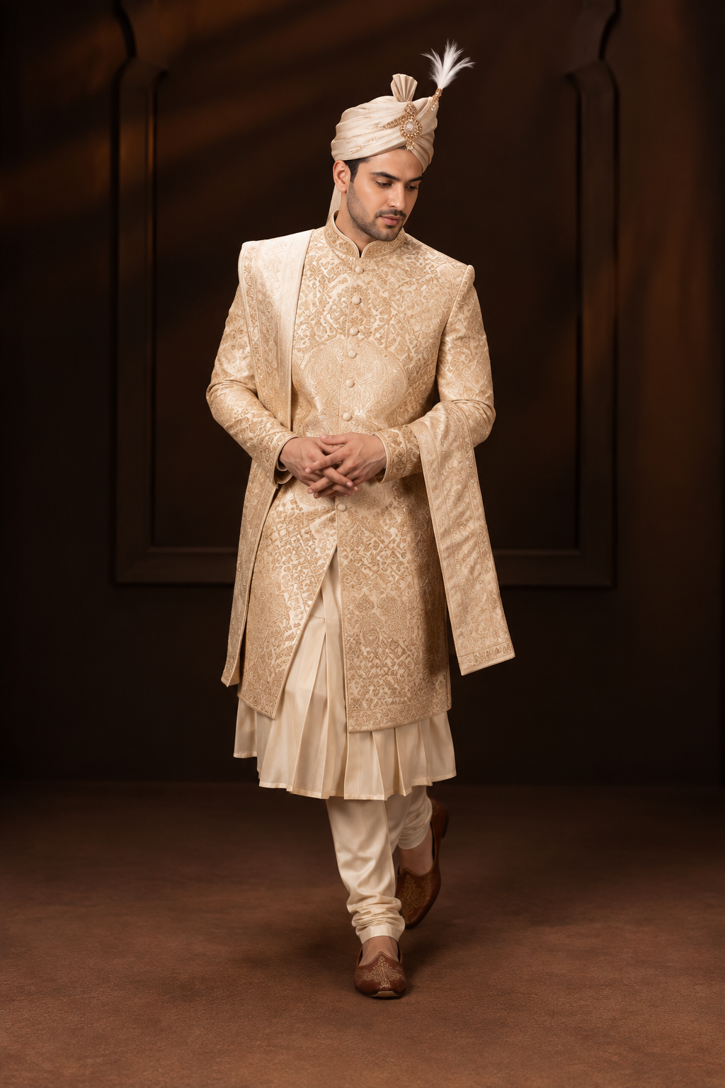 Royal Ivory Gold Embroidered Groom Sherwani