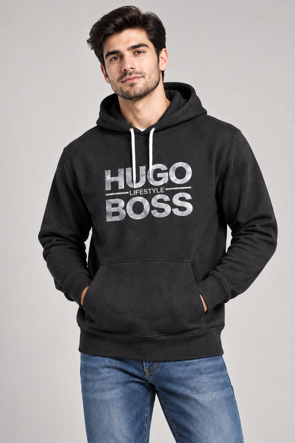 Men’s Charcoal Black Printed Pullover Hoodie