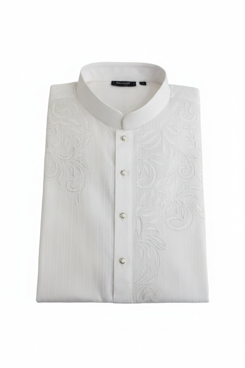 White Embroidered Self-Stripe Kurta Pajama for Men