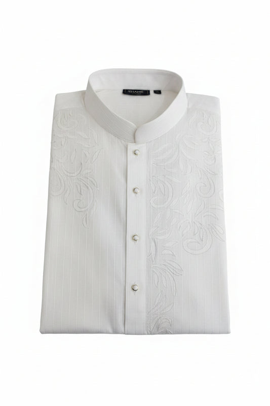 White Embroidered Self-Stripe Kurta Pajama for Men
