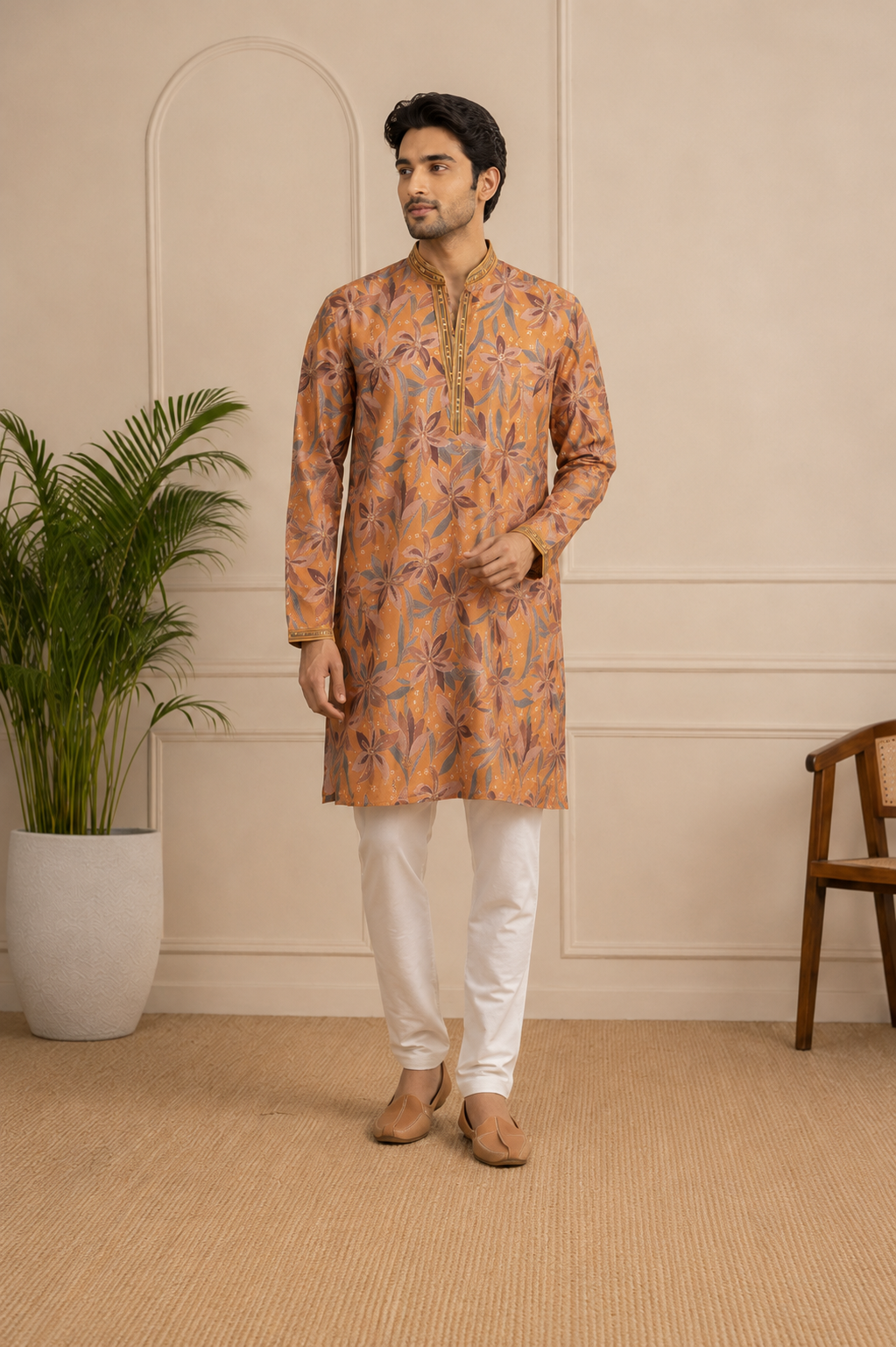 Rust Orange Floral Printed Festive Kurta Set