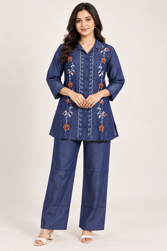 Women's Navy Blue Floral Embroidered Co-Ord Set