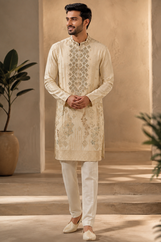 Ivory Gold Embroidered Designer Wedding Kurta Set for Men