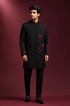 Black & Maroon Floral Embroidered Indo-Western Sherwani