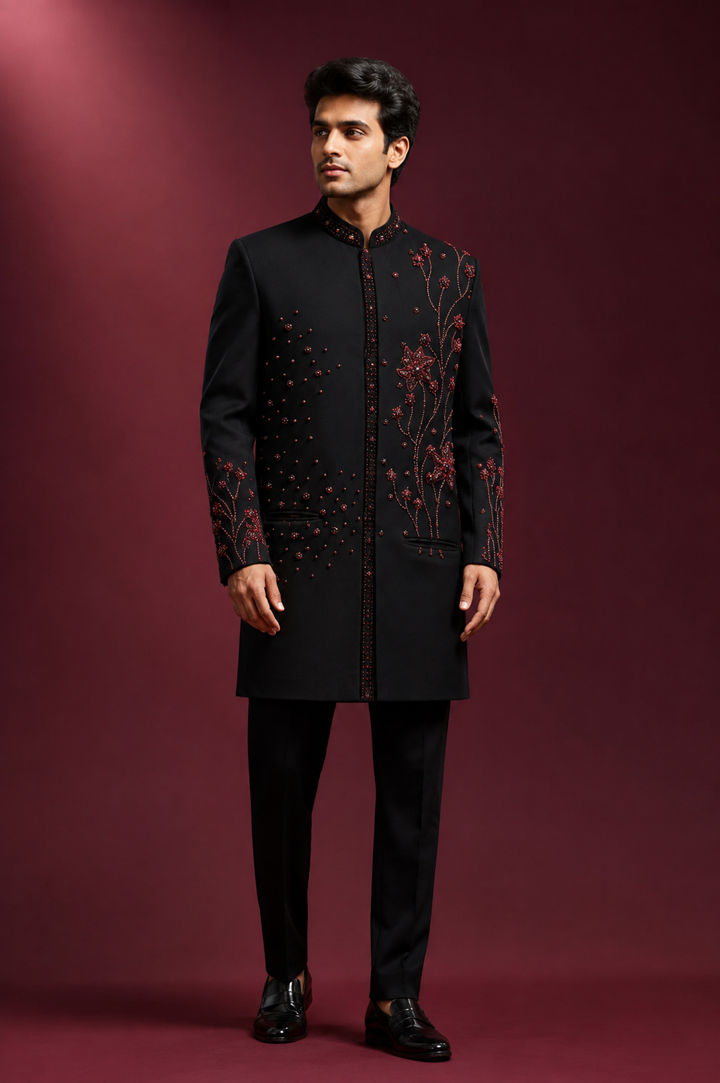 Black & Maroon Floral Embroidered Indo-Western Sherwani