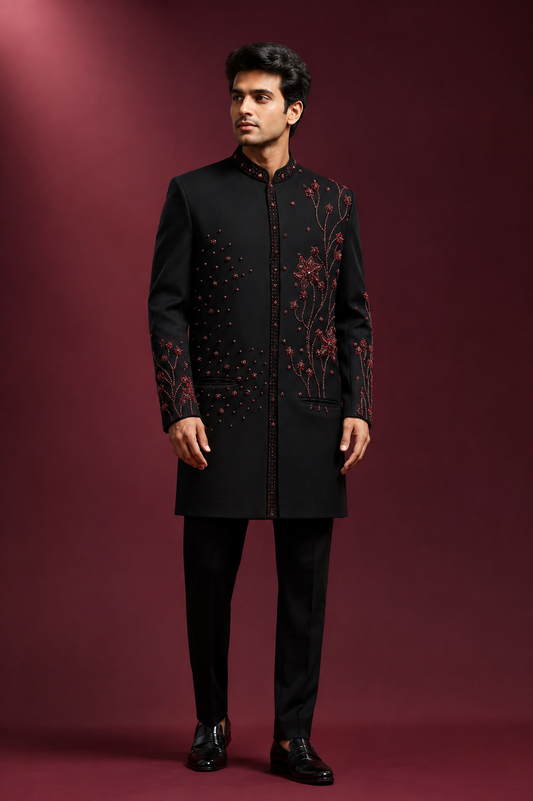 Black & Maroon Floral Embroidered Indo-Western Sherwani